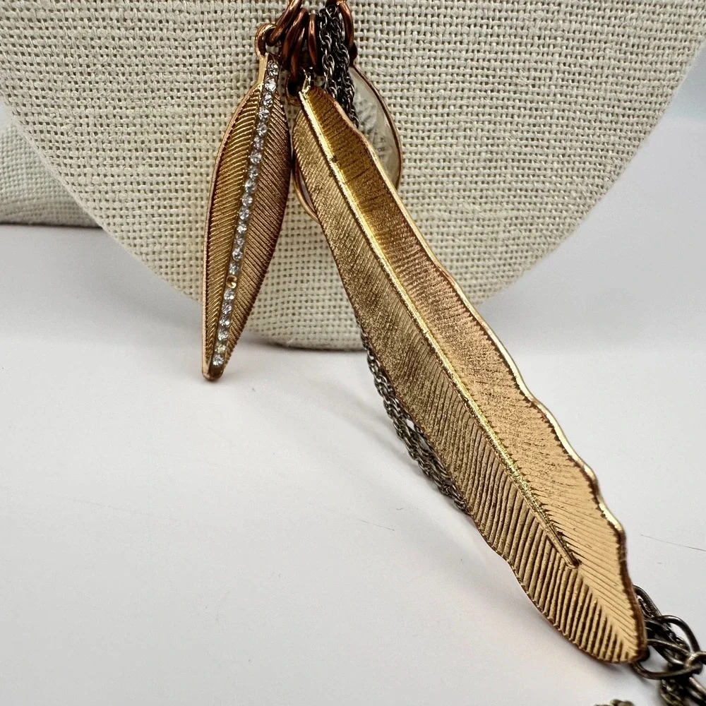 Vintage Y2K Feather Charm Rhinestone Faux Pearl Pendent Necklace Fashion Jewelry